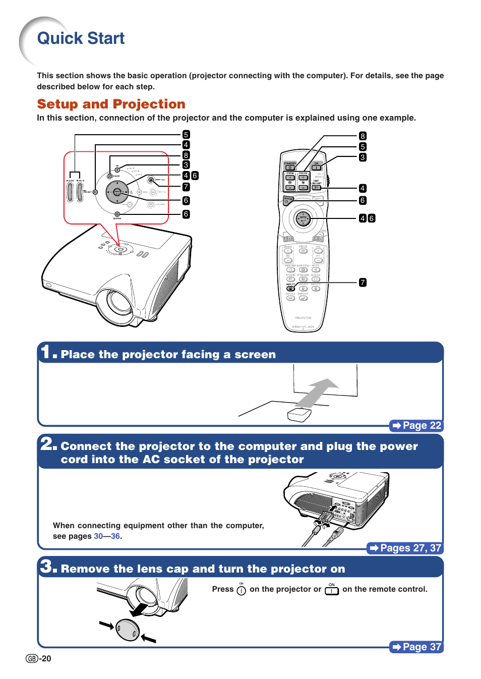 Quick start, Quic, K star | Setup and projection, Place the projector facing a screen, Remove the lens cap and turn the projector on | Sharp XG-PH50X User Manual | Page 24 / 108