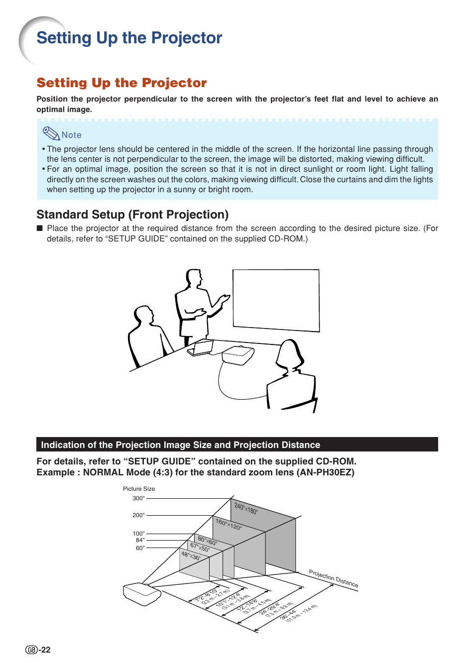 Setup, Setting up the projector, Standard setup (front projection) | Sharp XG-PH50X User Manual | Page 26 / 108