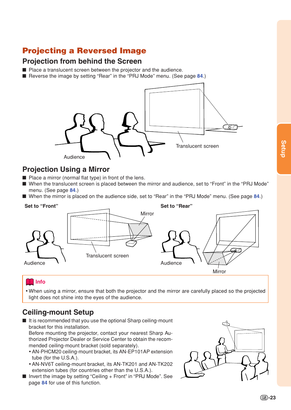 Projecting a reversed image, Projection from behind the screen, Projection using a mirror | Ceiling-mount setup | Sharp XG-PH50X User Manual | Page 27 / 108