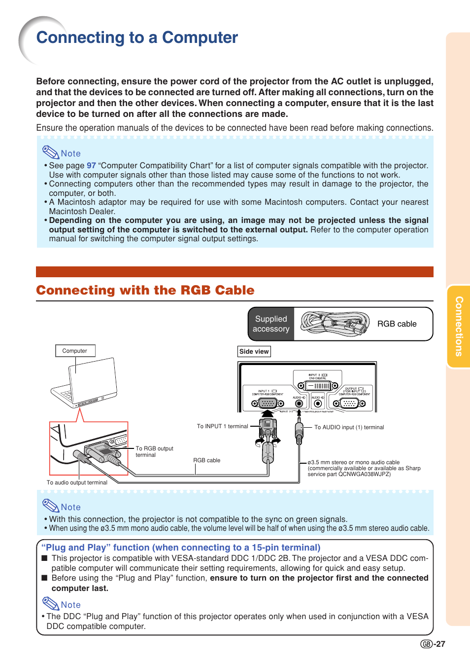 Connecting to a computer, Connecting with the rgb cable, Es 27 | Connections | Sharp XG-PH50X User Manual | Page 31 / 108