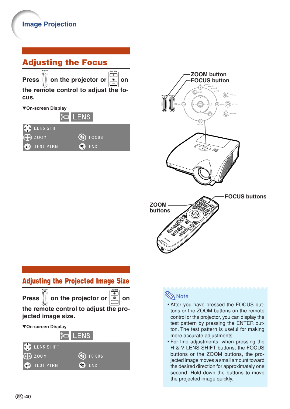 Adjusting the focus, Adjusting the projected image size | Sharp XG-PH50X User Manual | Page 44 / 108