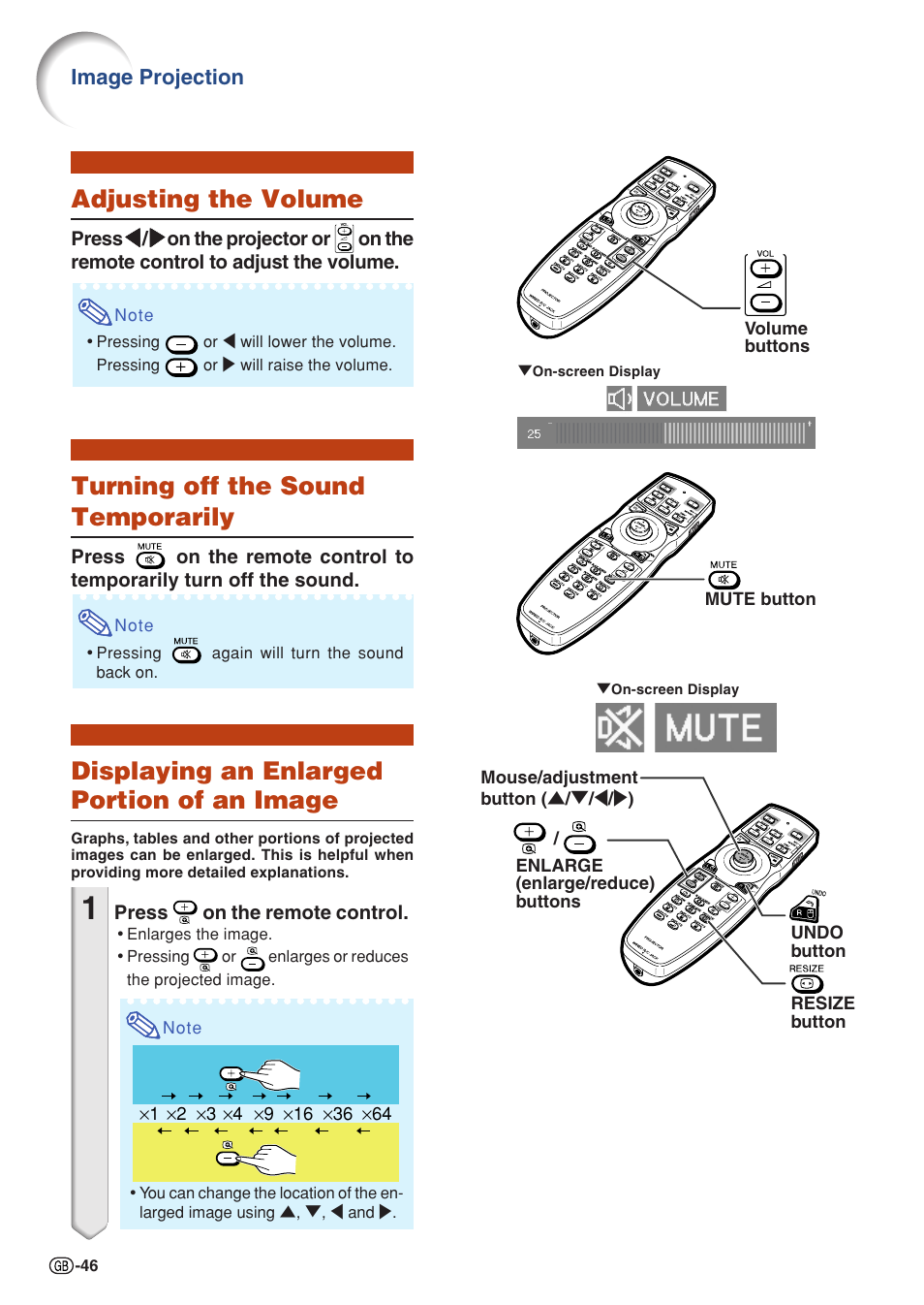 Adjusting the volume, Turning off the sound temporarily, Displaying an enlarged portion of an image | Sharp XG-PH50X User Manual | Page 50 / 108