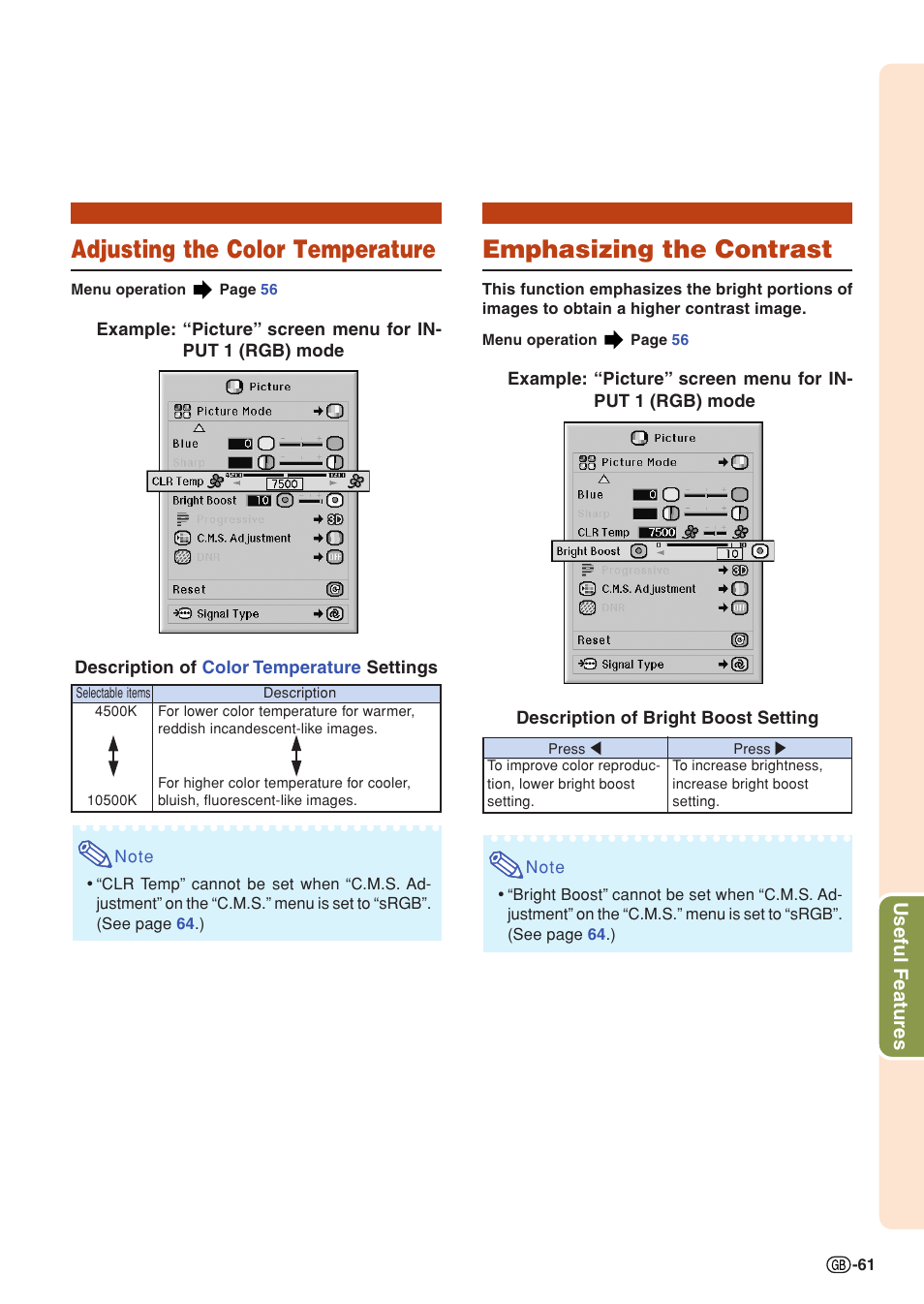 Adjusting the color temperature, Emphasizing the contrast, Useful features | Sharp XG-PH50X User Manual | Page 65 / 108