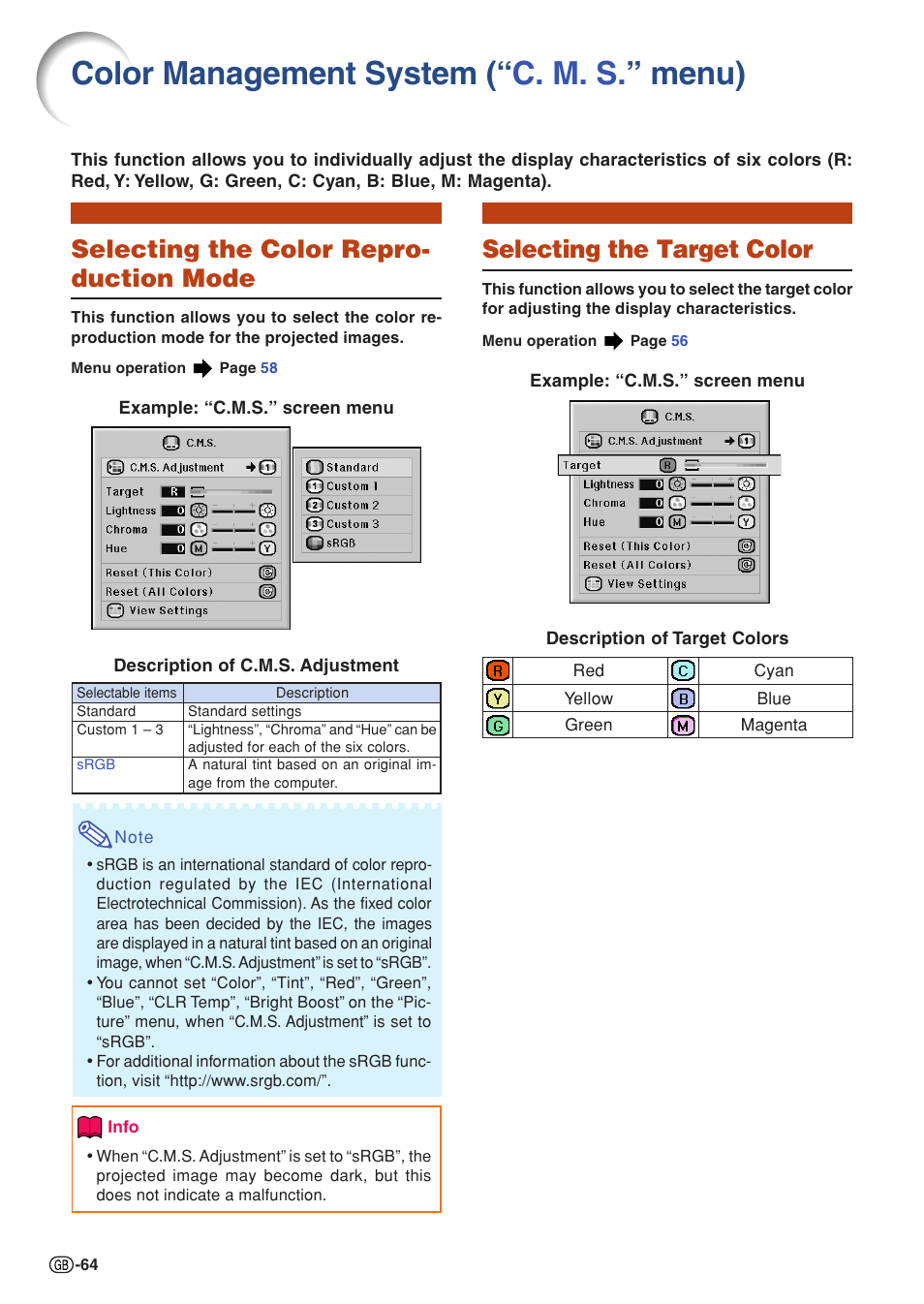 Color management system (“c. m. s.”menu), Selecting the color reproduction mode, Selecting the target color | Color management system, C. m. s.” menu), Color management system (“ c. m. s. ” menu), Selecting the color repro- duction mode | Sharp XG-PH50X User Manual | Page 68 / 108