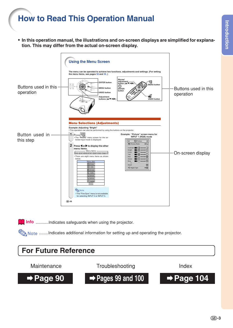 How to read this operation manual, For future reference, Maintenance troubleshooting index | Introduction, On-screen display button used in this step, Buttons used in this operation, Info | Sharp XG-PH50X User Manual | Page 7 / 108