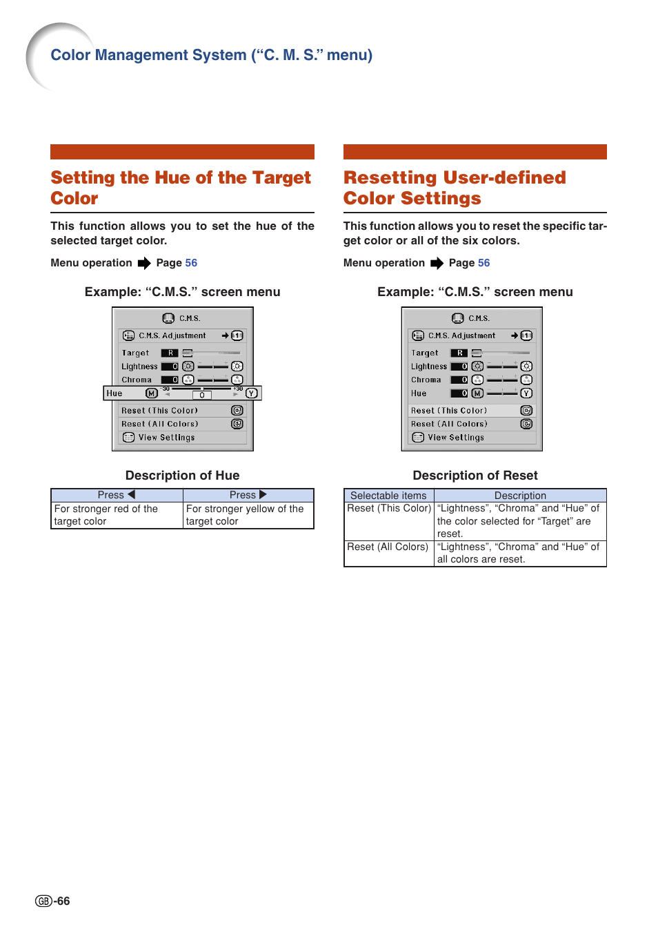 Setting the hue of the target color, Resetting user-defined color settings, Color management system (“c. m. s.” menu) | Sharp XG-PH50X User Manual | Page 70 / 108