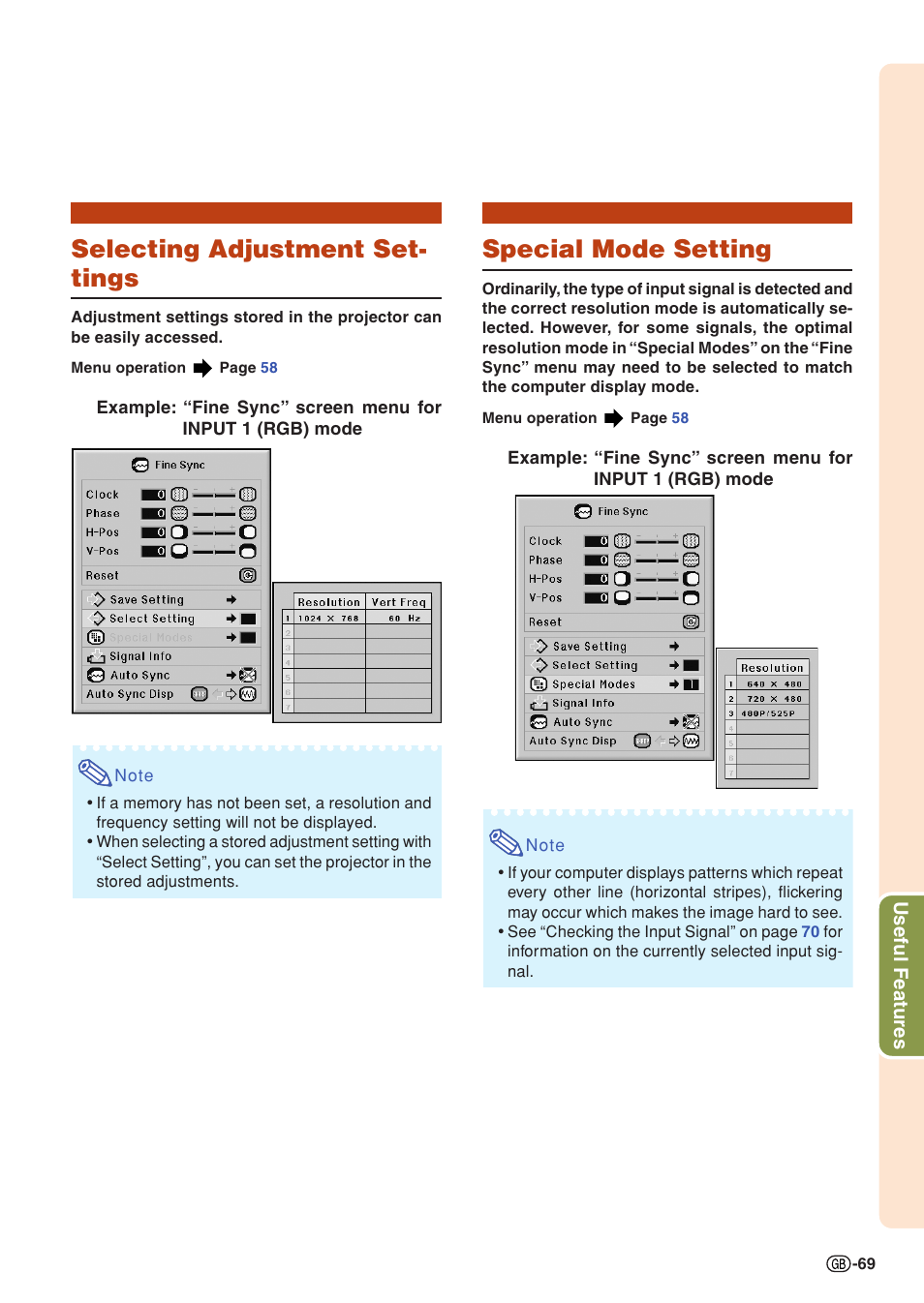 Selecting adjustment settings, Special mode setting, Selecting adjustment set- tings | Sharp XG-PH50X User Manual | Page 73 / 108