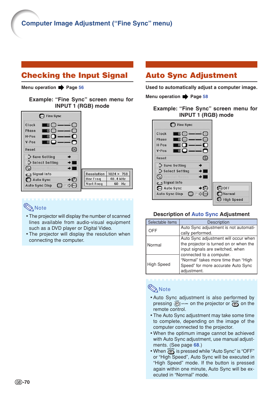 Checking the input signal, Auto sync adjustment, Checking the input signal auto sync adjustment | For details, Computer image adjustment (“fine sync” menu) | Sharp XG-PH50X User Manual | Page 74 / 108