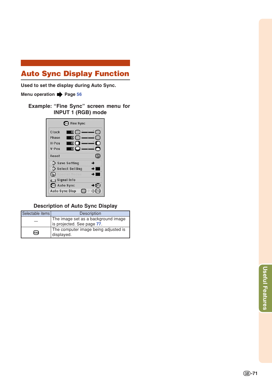 Auto sync display function, Useful features | Sharp XG-PH50X User Manual | Page 75 / 108