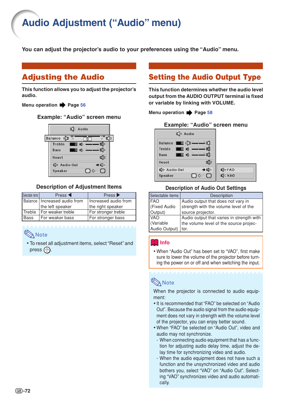Audio adjustment (“audio”menu), Adjusting the audio, Setting the audio output type | Audio adjustment (“audio” menu), Adjusting the audio setting the audio output type | Sharp XG-PH50X User Manual | Page 76 / 108