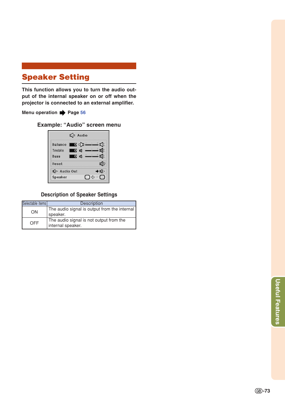 Speaker setting, Useful features | Sharp XG-PH50X User Manual | Page 77 / 108