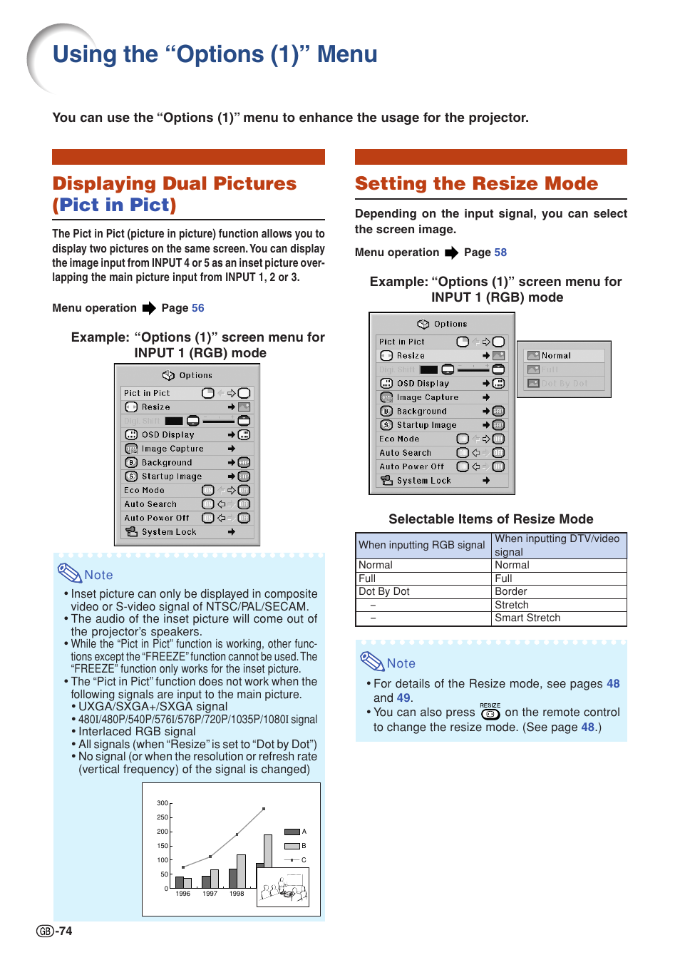 Using the “options (1)” menu, Displaying dual pictures (pict in pict), Setting the resize mode | Displaying dual pictures ( pict in pict ) | Sharp XG-PH50X User Manual | Page 78 / 108