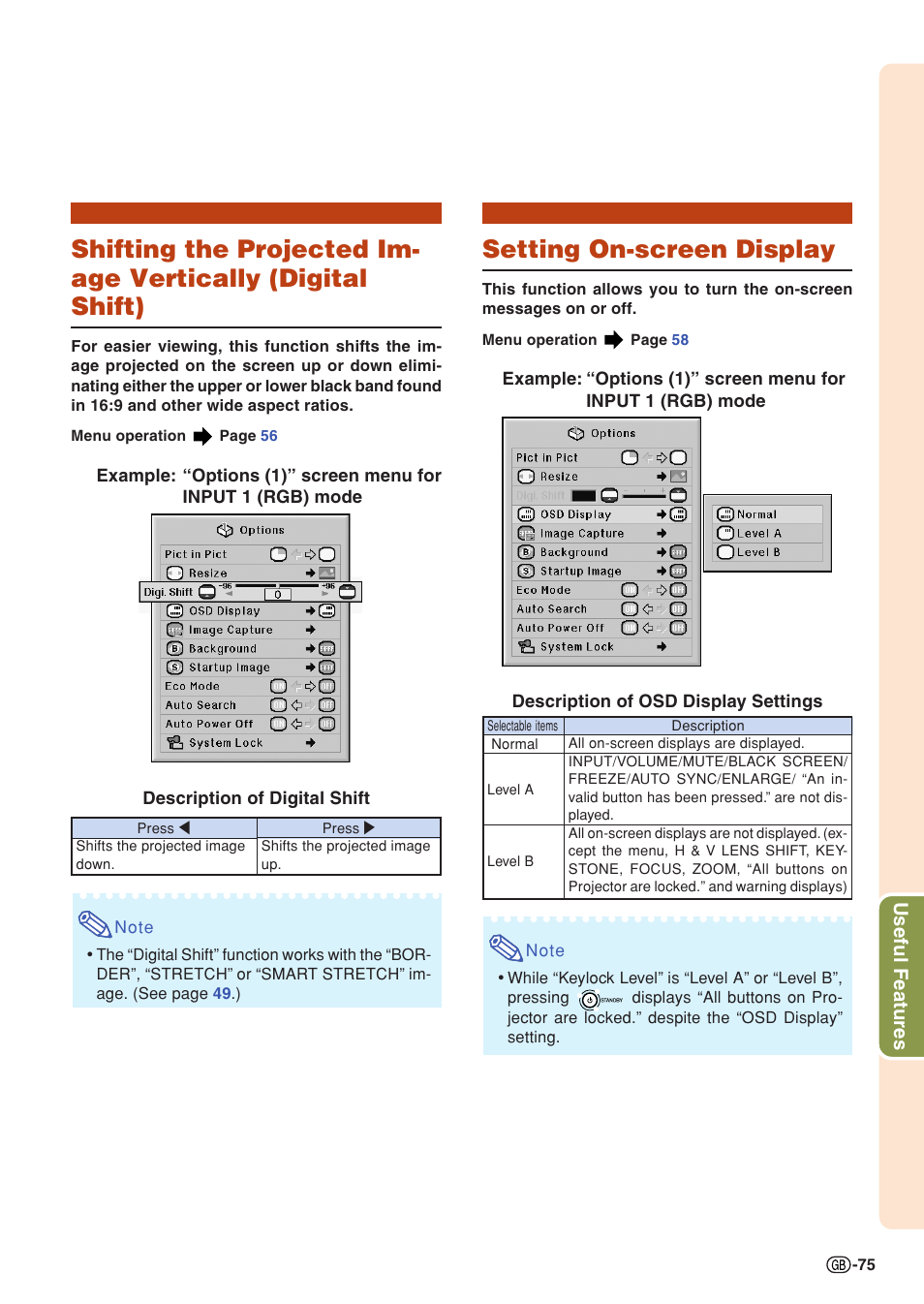 Setting on-screen display, Shifting the projected image vertically, Digital shift) | Useful features | Sharp XG-PH50X User Manual | Page 79 / 108