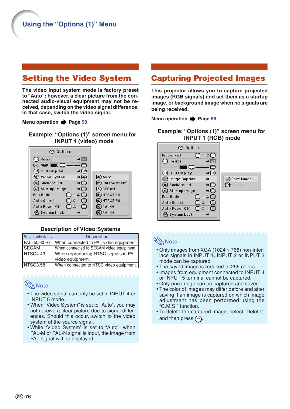 Setting the video system, Capturing projected images, Using the “options (1)” menu | Sharp XG-PH50X User Manual | Page 80 / 108