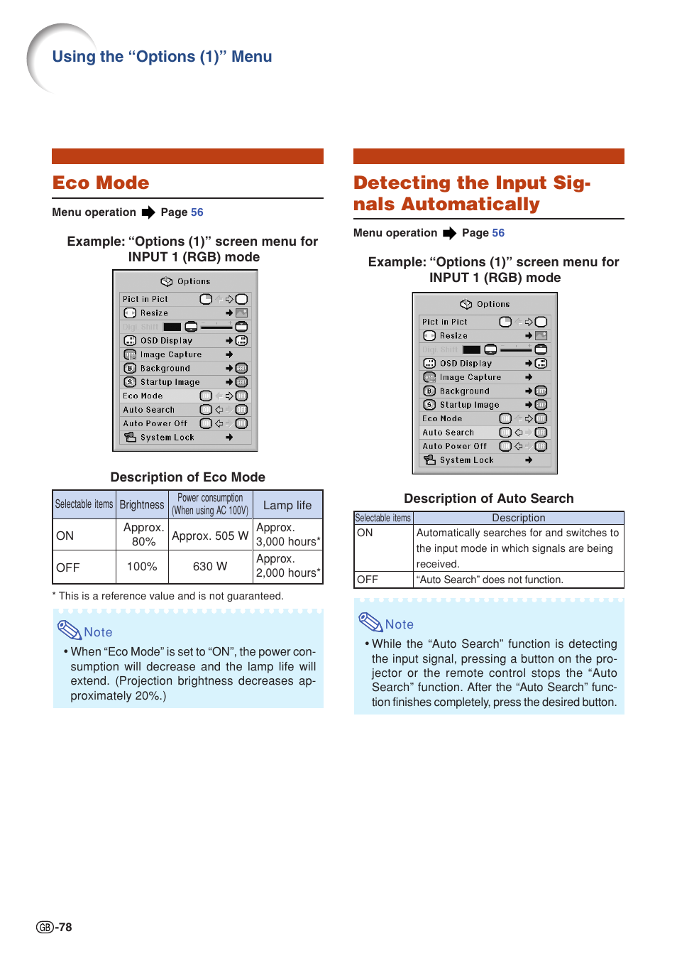 Eco mode, Detecting the input signals automatically, Eco mode detecting the input signals automatically | Detecting the input sig- nals automatically, Using the “options (1)” menu | Sharp XG-PH50X User Manual | Page 82 / 108