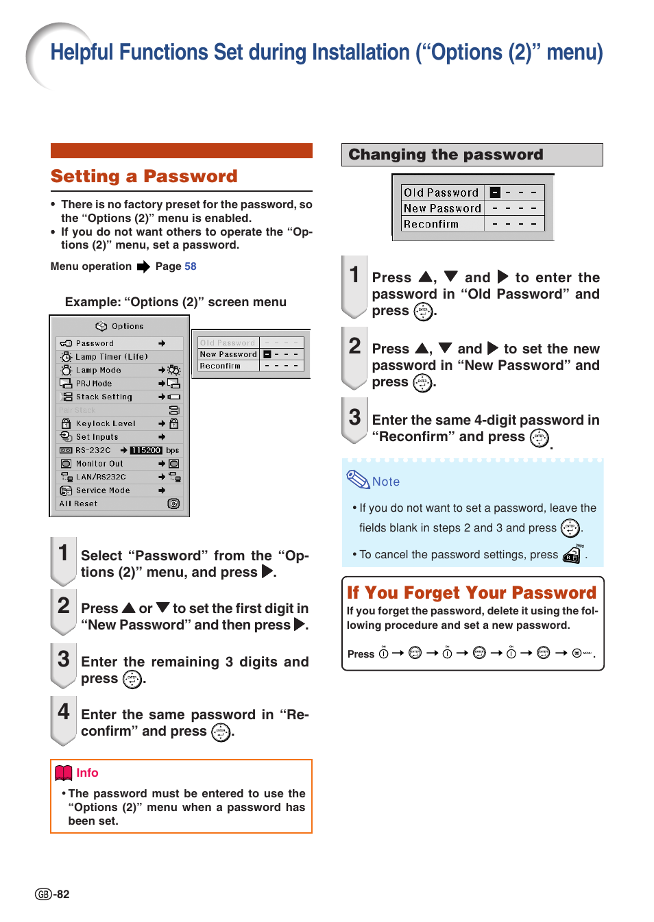 Setting a password, Helpful functions set during installation, Options (2)” menu) | If you forget your password | Sharp XG-PH50X User Manual | Page 86 / 108
