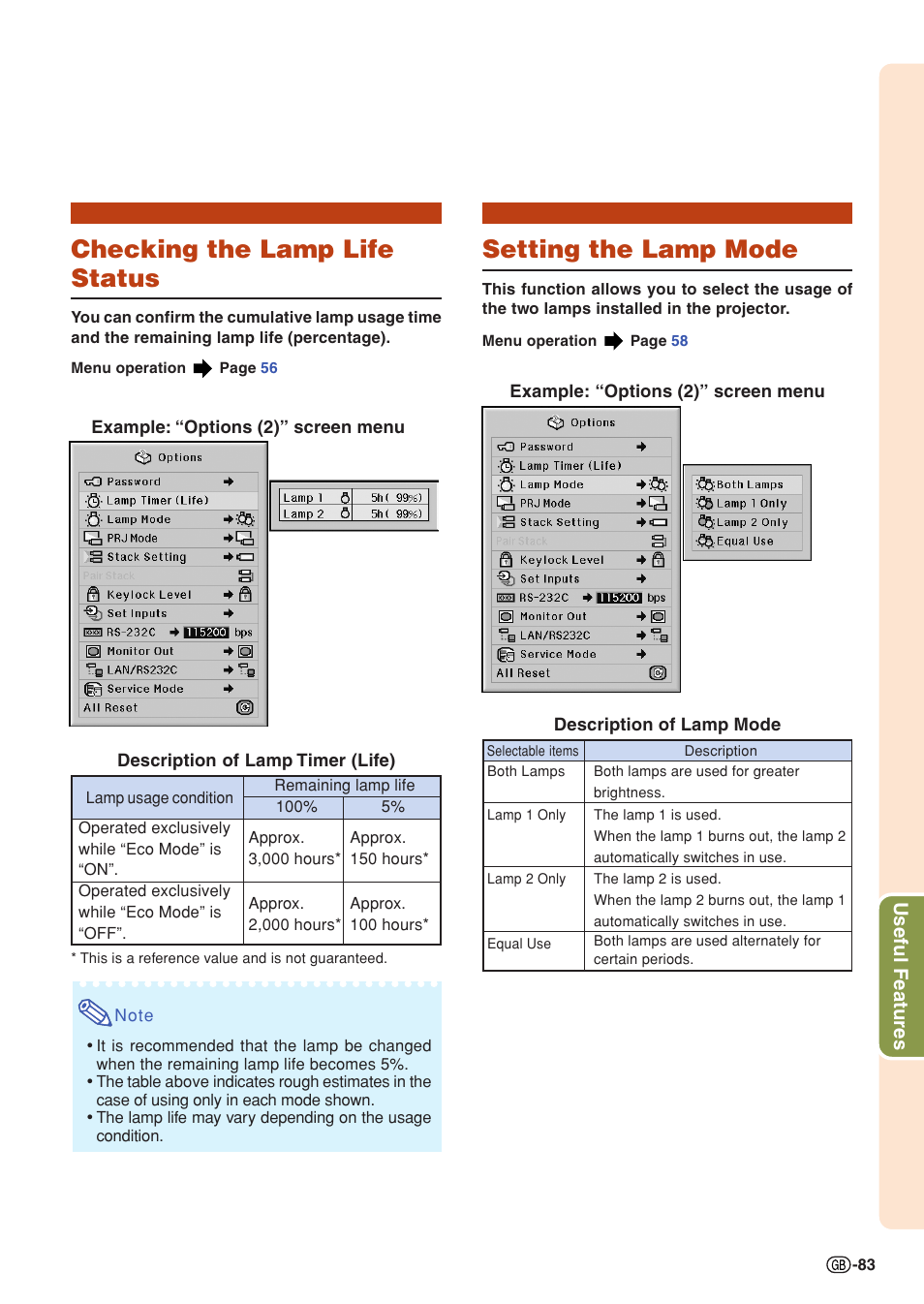 Checking the lamp life status, Setting the lamp mode, Useful features | Sharp XG-PH50X User Manual | Page 87 / 108