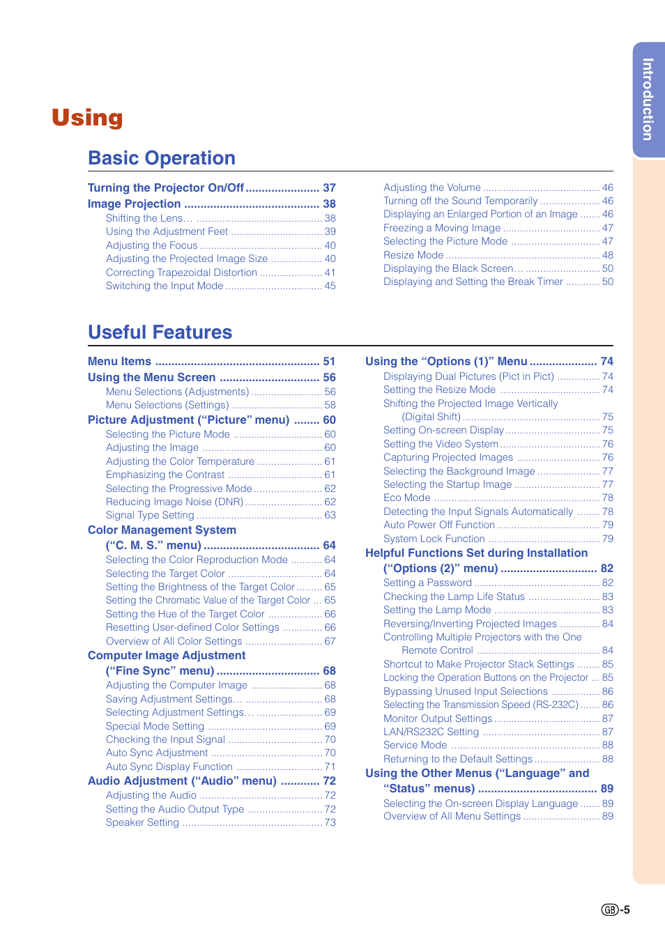 Using, Basic operation, Useful features | Introduction | Sharp XG-PH50X User Manual | Page 9 / 108