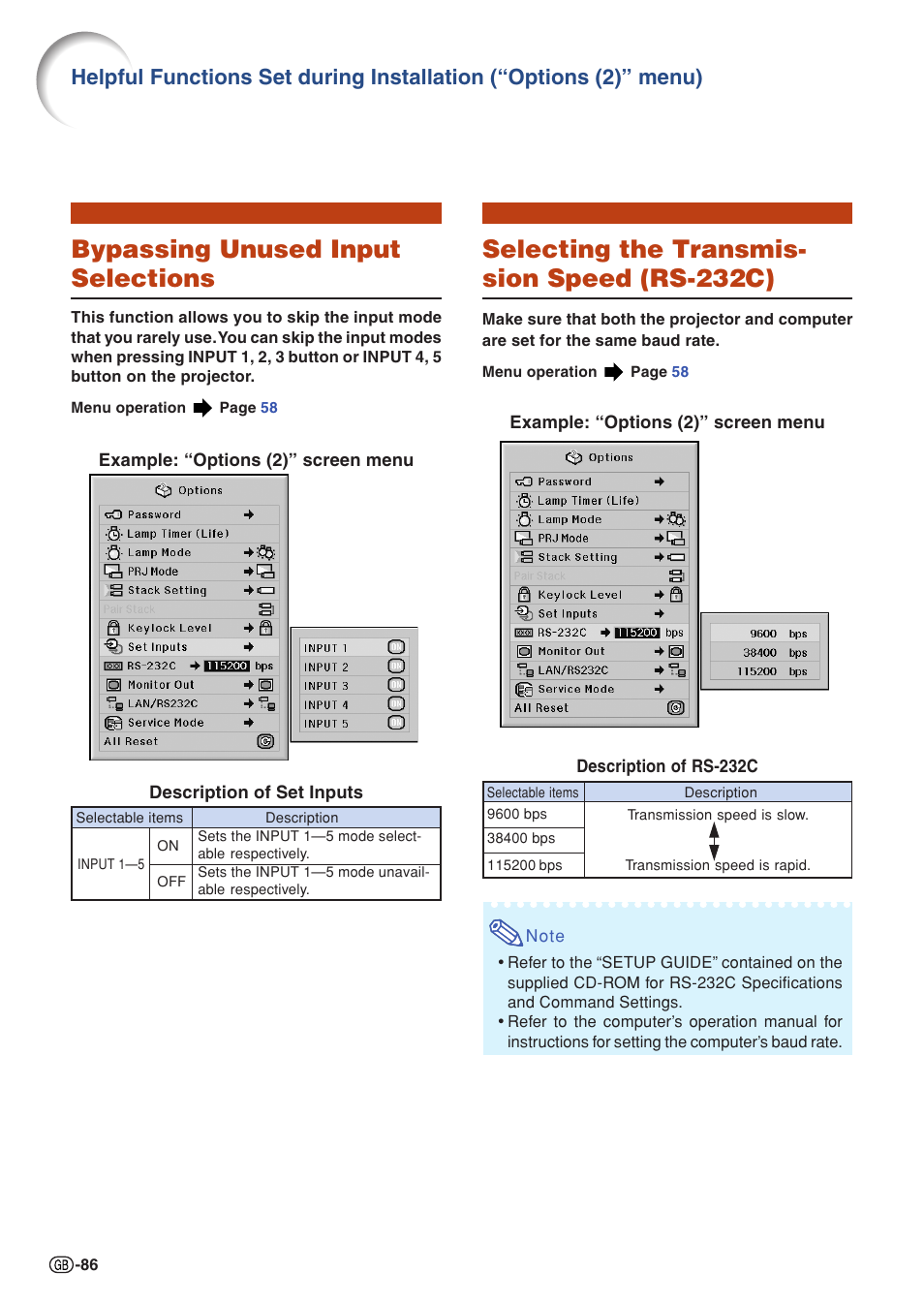 Bypassing unused input selections, Selecting the transmission speed (rs-232c), Selecting the transmis- sion speed (rs-232c) | Sharp XG-PH50X User Manual | Page 90 / 108