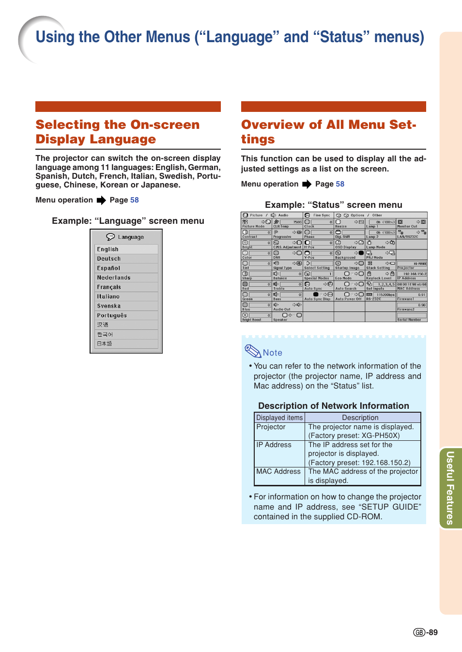 Selecting the on-screen display language, Overview of all menu settings, Using the other menus (“language” and | Status” menus), Overview of all menu set- tings | Sharp XG-PH50X User Manual | Page 93 / 108