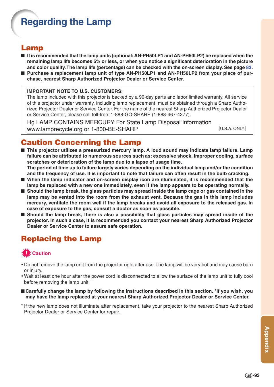 Regarding the lamp, Lamp, Caution concerning the lamp | Replacing the lamp | Sharp XG-PH50X User Manual | Page 97 / 108