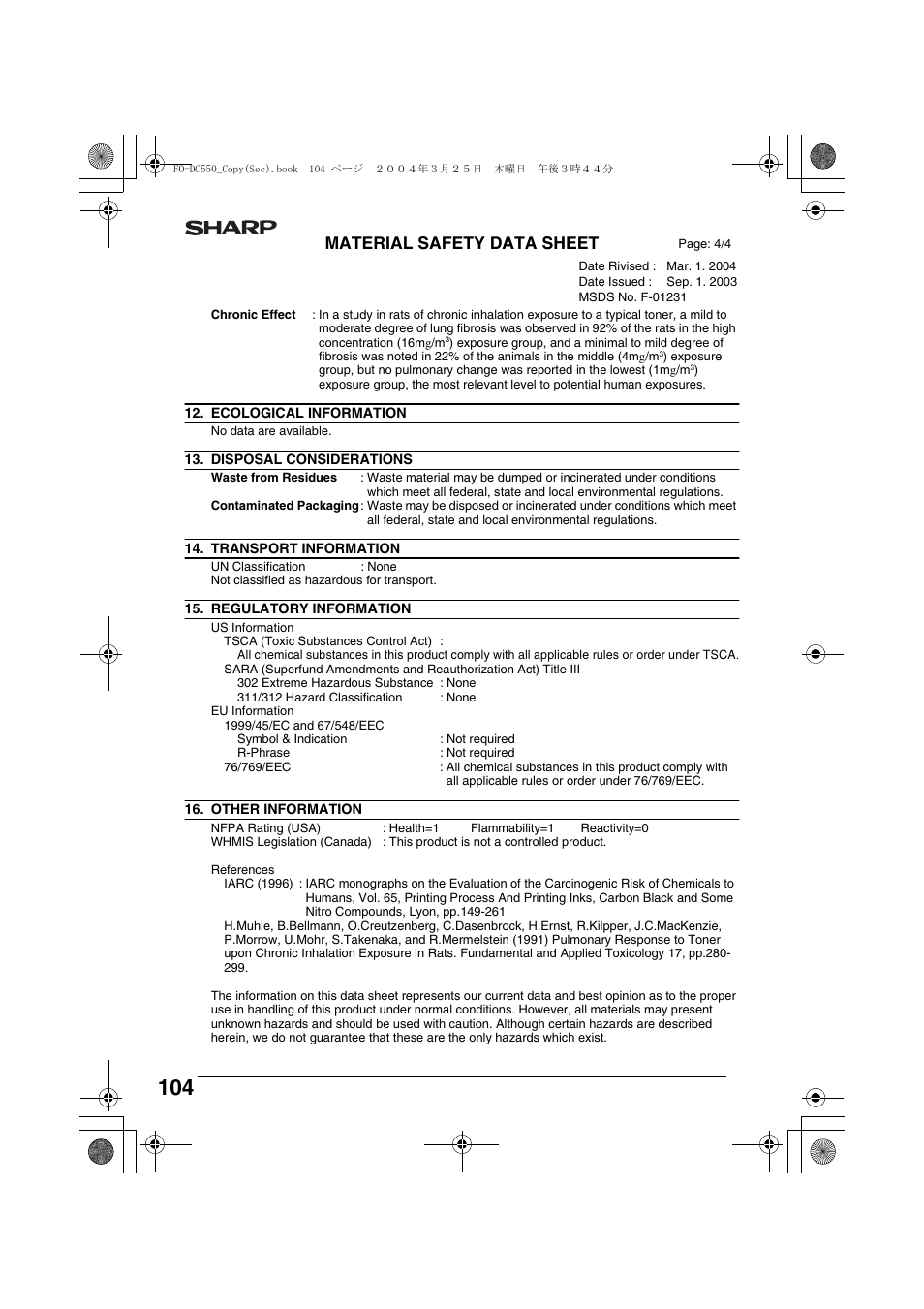 Material safety data sheet | Sharp FODC550 User Manual | Page 106 / 116