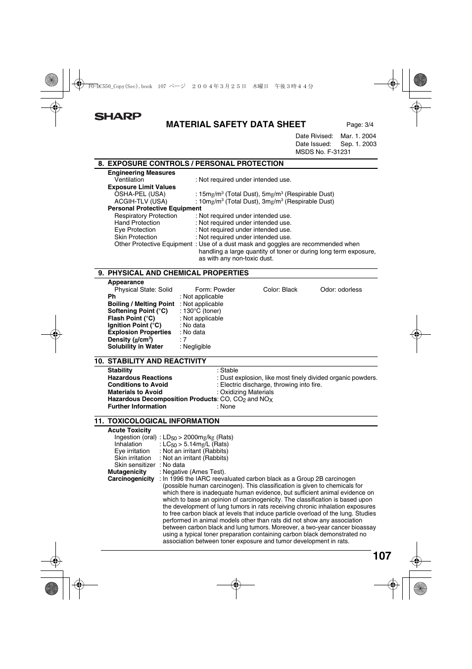 Material safety data sheet | Sharp FODC550 User Manual | Page 109 / 116