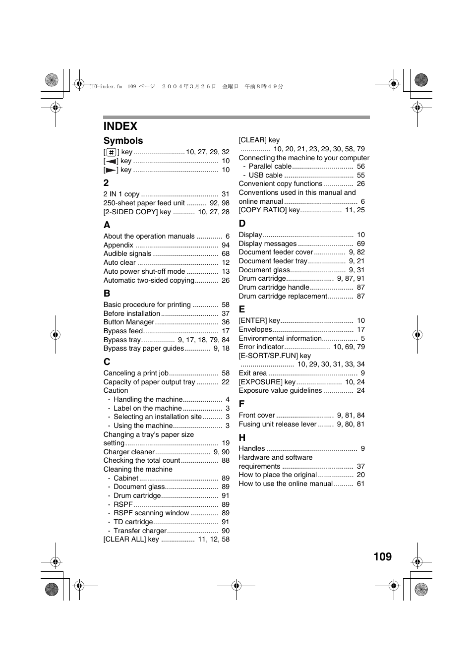 Index, 109 index | Sharp FODC550 User Manual | Page 111 / 116