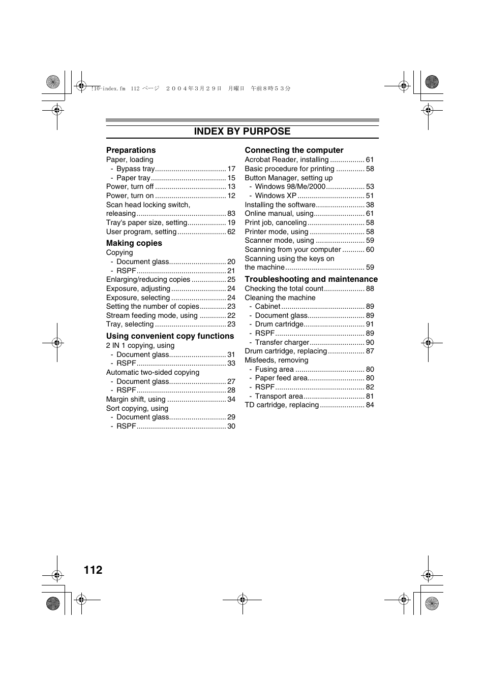 Index by purpose | Sharp FODC550 User Manual | Page 114 / 116