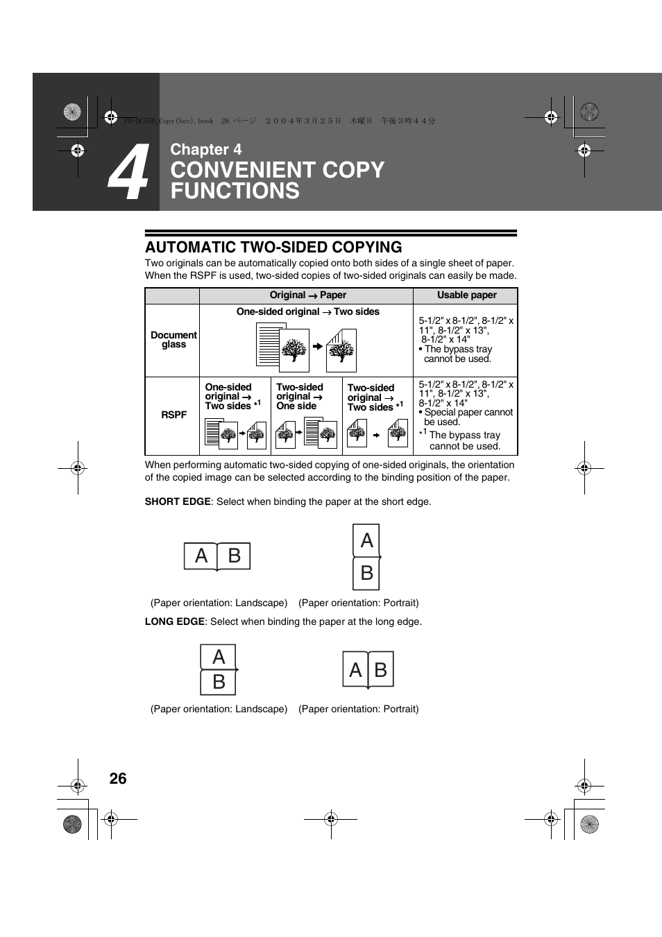 Automatic two-sided copying, Convenient copy functions, Chapter 4 automatic two-sided copying | Sharp FODC550 User Manual | Page 28 / 116