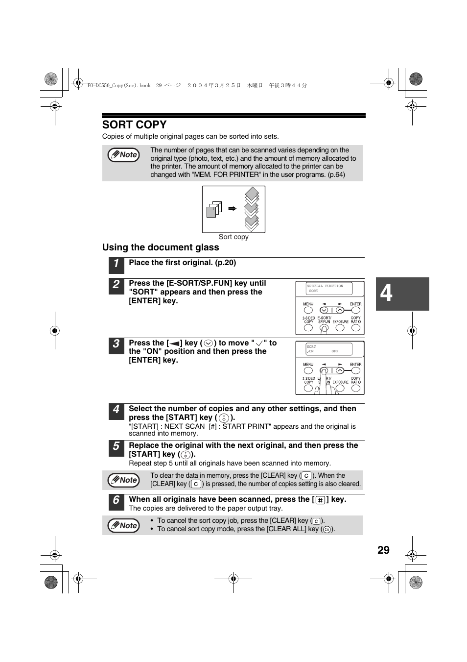 Sort copy, Using the document glass, P.29) | Sharp FODC550 User Manual | Page 31 / 116