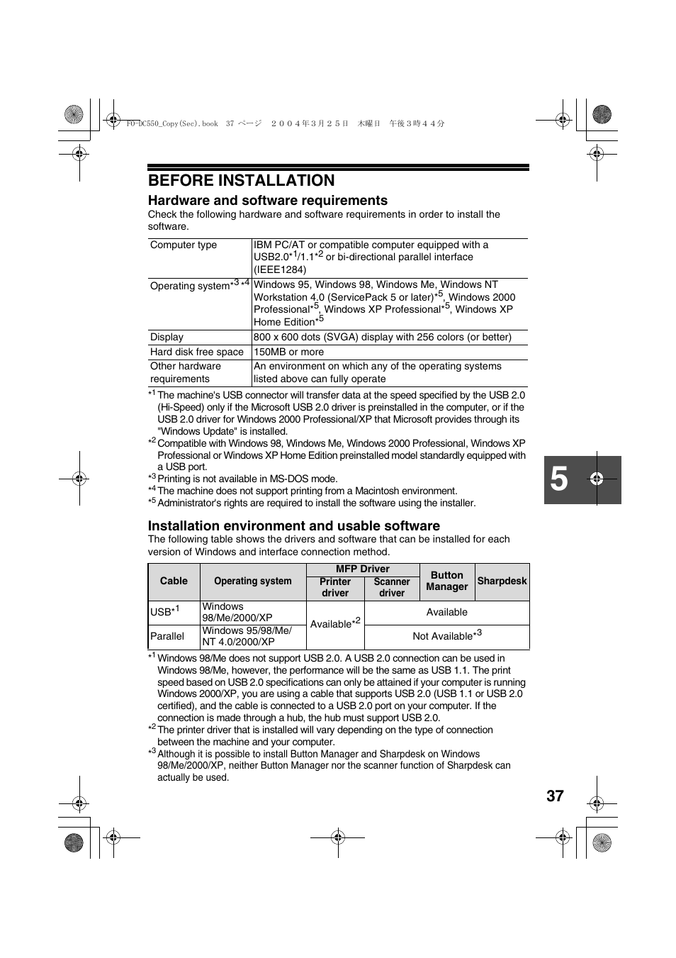 Before installation, Hardware and software requirements, Installation environment and usable software | Sharp FODC550 User Manual | Page 39 / 116