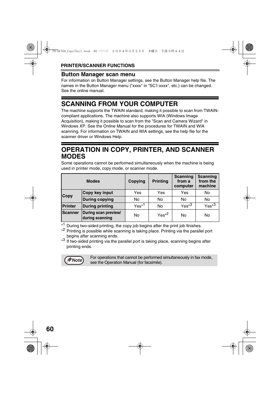 Button manager scan menu, Scanning from your computer, Operation in copy, printer, and scanner modes | Sharp FODC550 User Manual | Page 62 / 116