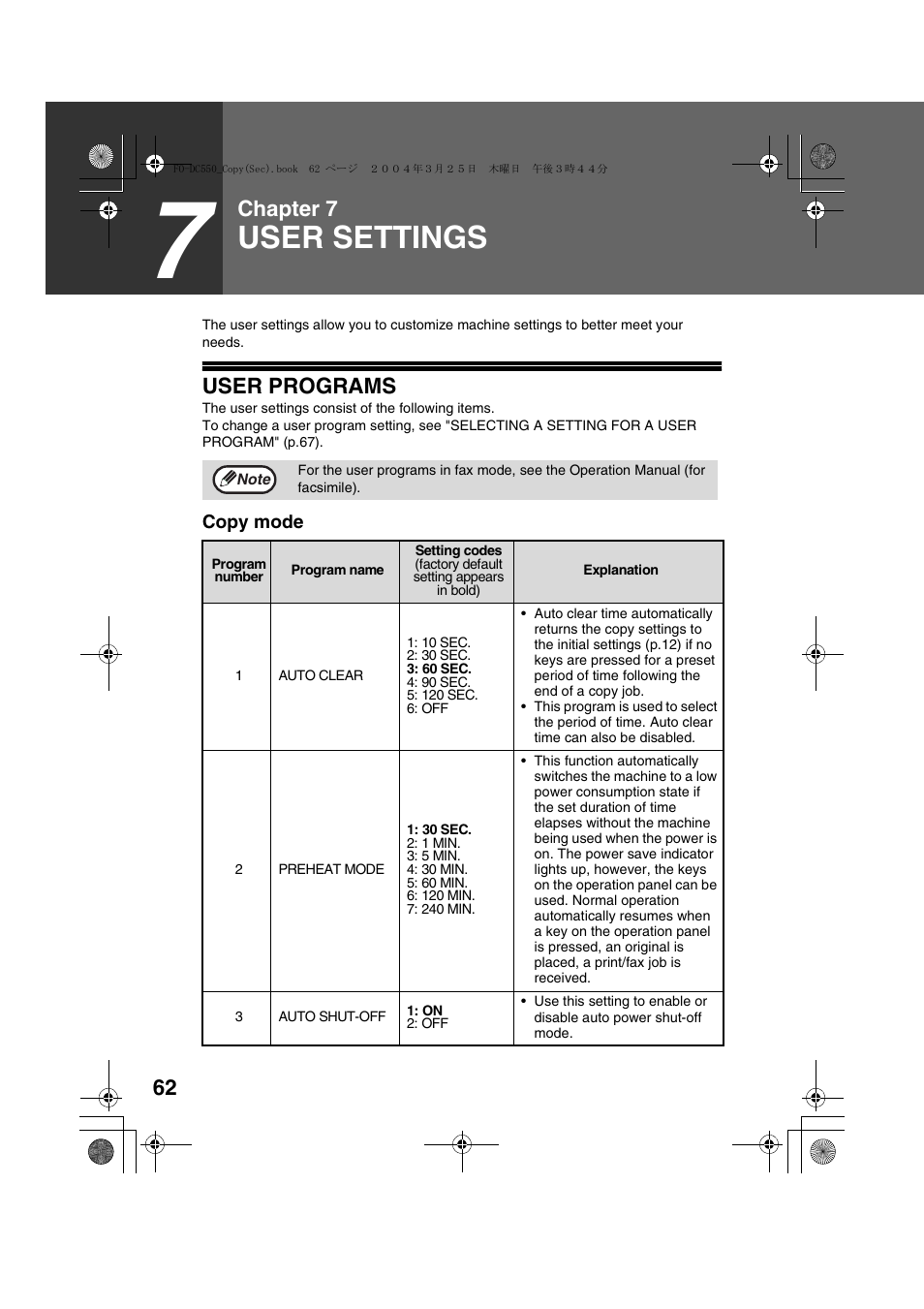 User programs, Copy mode, User settings | Chapter 7 | Sharp FODC550 User Manual | Page 64 / 116
