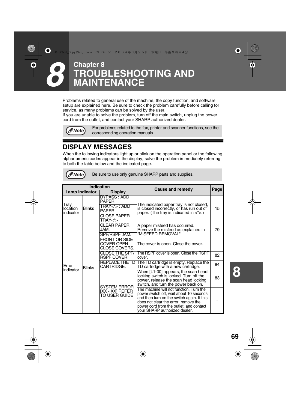 Display messages, Troubleshooting and maintenance, Chapter 8 | Sharp FODC550 User Manual | Page 71 / 116