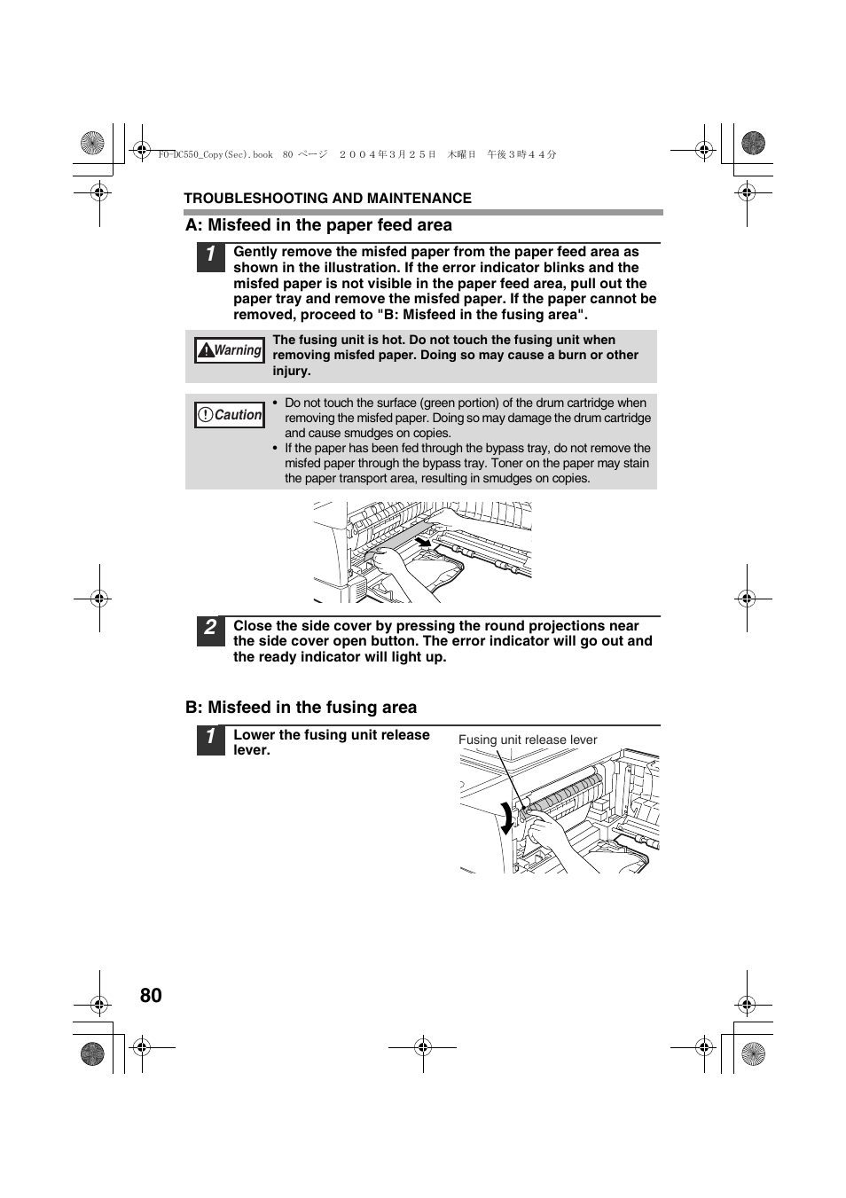 A: misfeed in the paper feed area, B: misfeed in the fusing area | Sharp FODC550 User Manual | Page 82 / 116