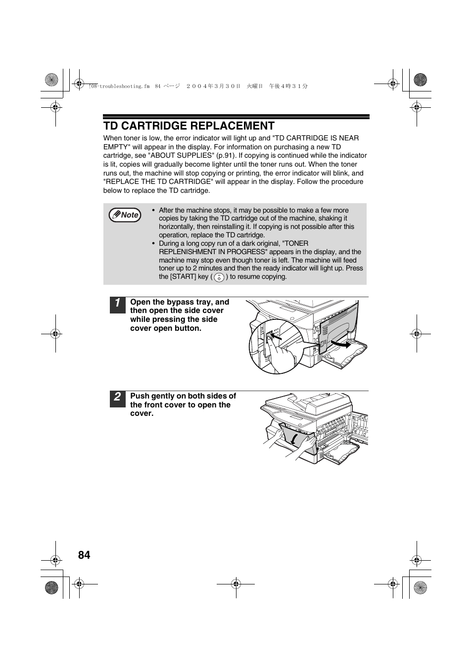 Td cartridge replacement, 84 td cartridge replacement | Sharp FODC550 User Manual | Page 86 / 116