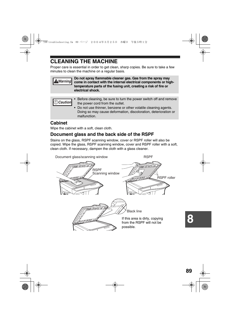 Cleaning the machine, Cabinet, Document glass and the back side of the rspf | Sharp FODC550 User Manual | Page 91 / 116
