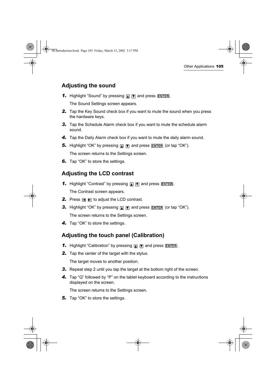 Adjusting the sound, Adjusting the lcd contrast, Adjusting the touch panel (calibration) | Sharp OZ-800 User Manual | Page 107 / 132