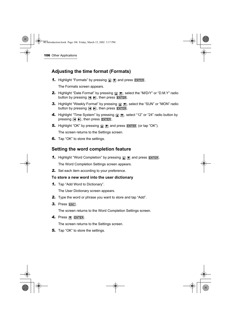 Adjusting the time format (formats), Setting the word completion feature | Sharp OZ-800 User Manual | Page 108 / 132