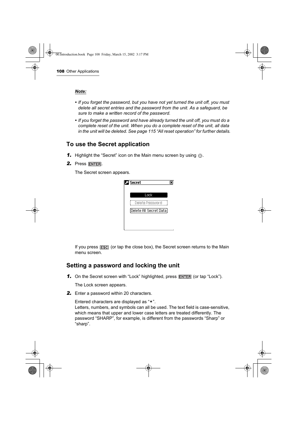 Setting a password and locking the unit | Sharp OZ-800 User Manual | Page 110 / 132