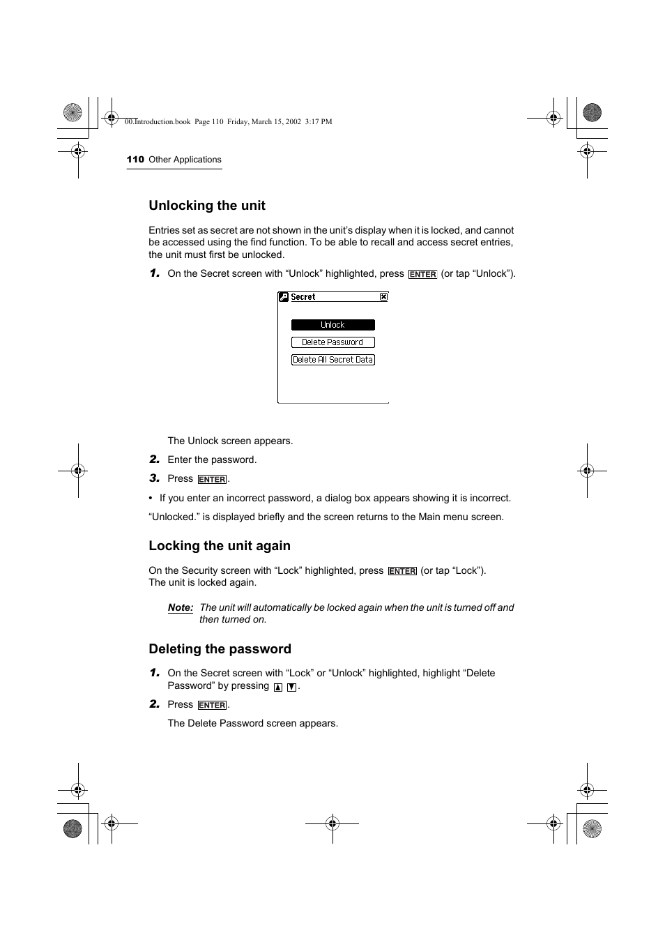 Unlocking the unit, Locking the unit again, Deleting the password | Sharp OZ-800 User Manual | Page 112 / 132