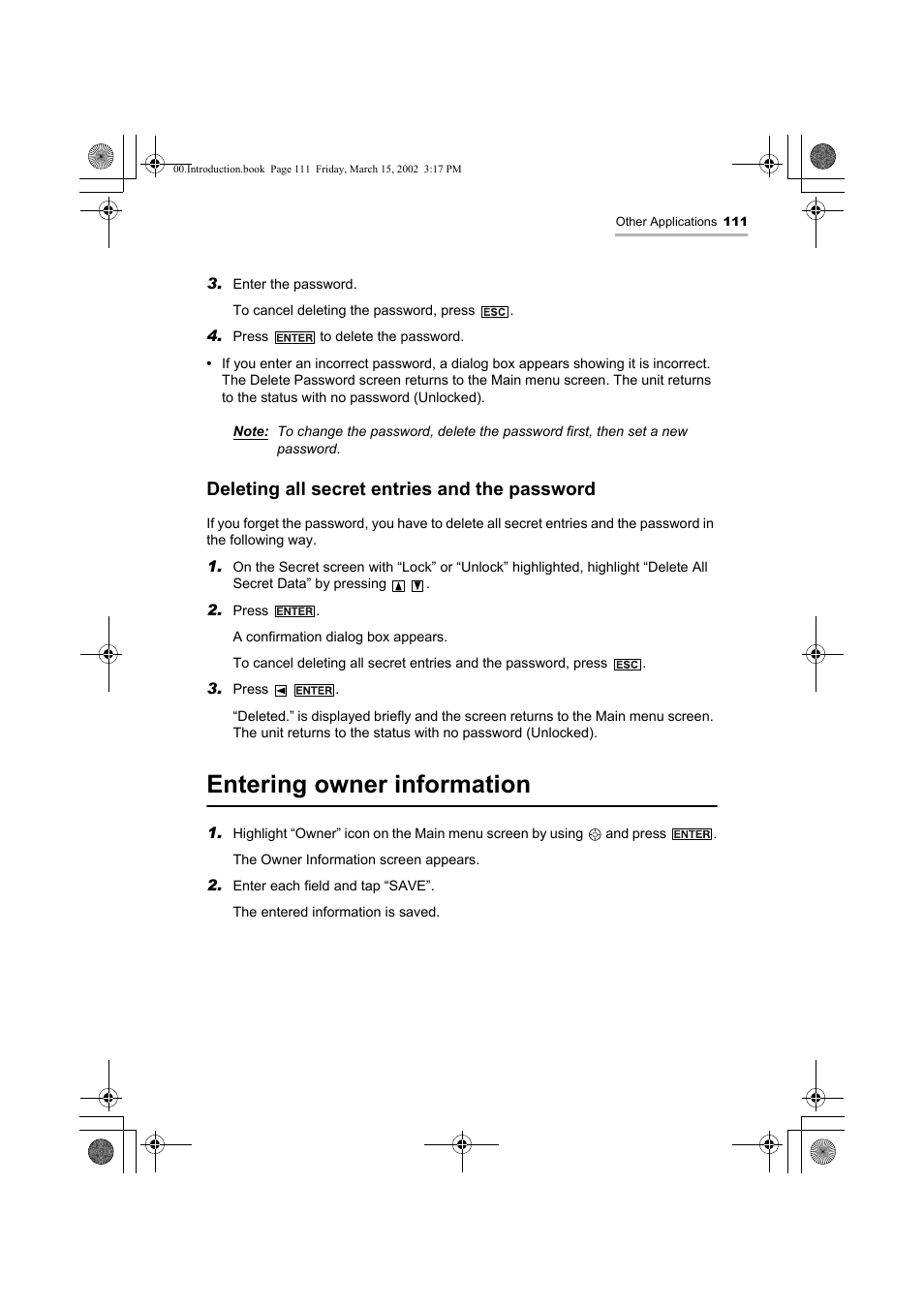 Entering owner information, Deleting all secret entries and the password | Sharp OZ-800 User Manual | Page 113 / 132