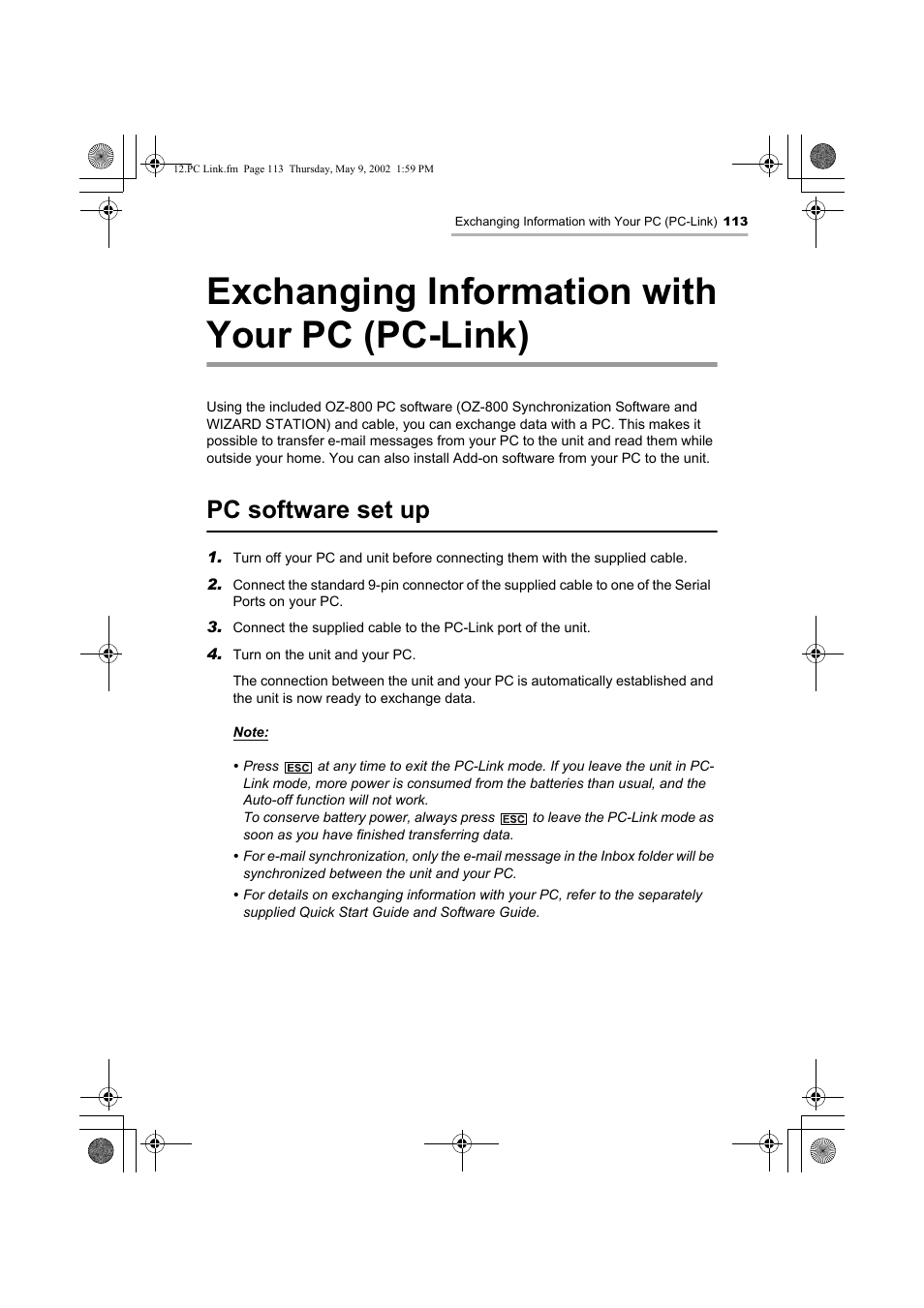 Exchanging information with your pc (pc-link), Pc software set up | Sharp OZ-800 User Manual | Page 115 / 132