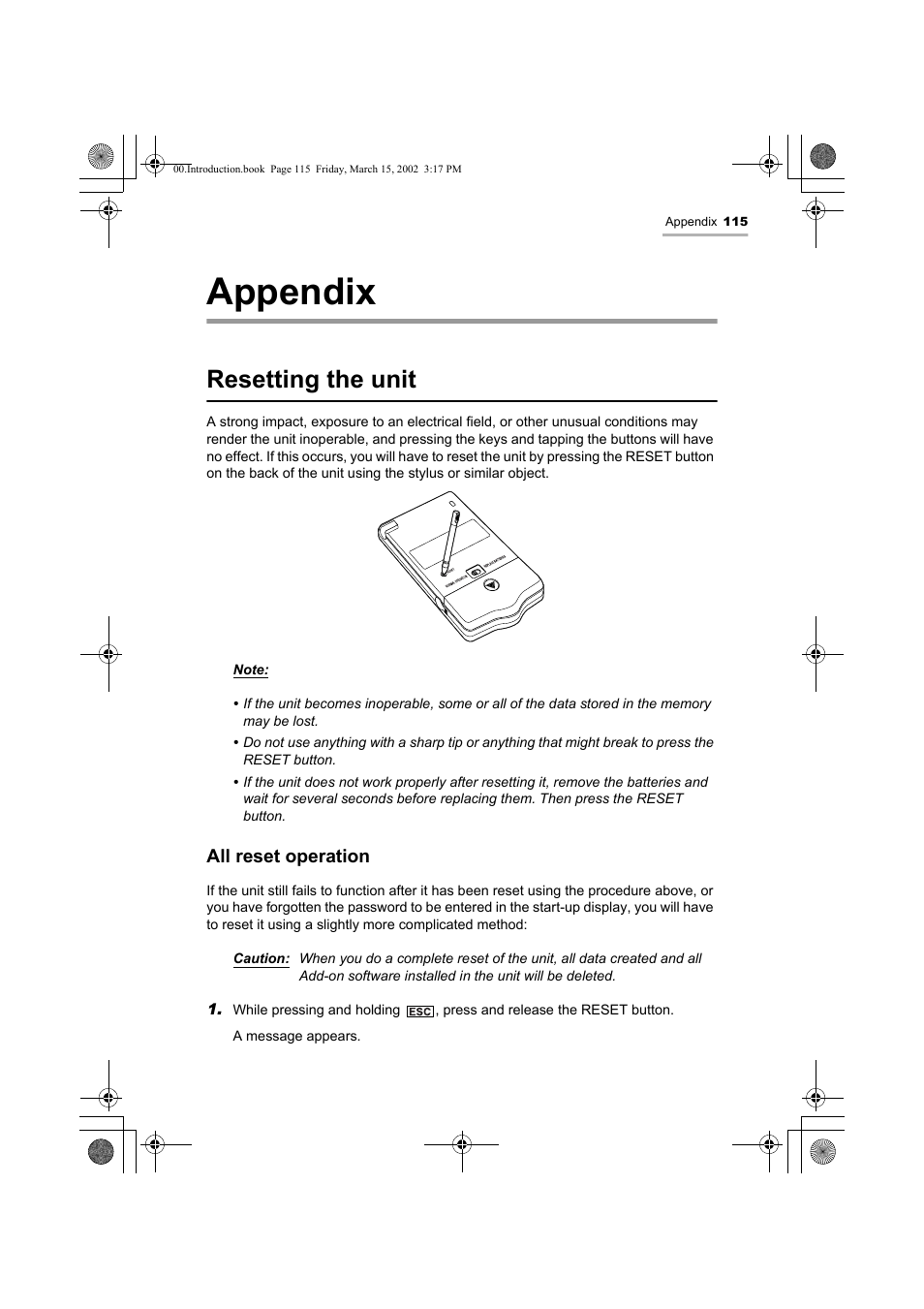 Appendix, Resetting the unit | Sharp OZ-800 User Manual | Page 117 / 132