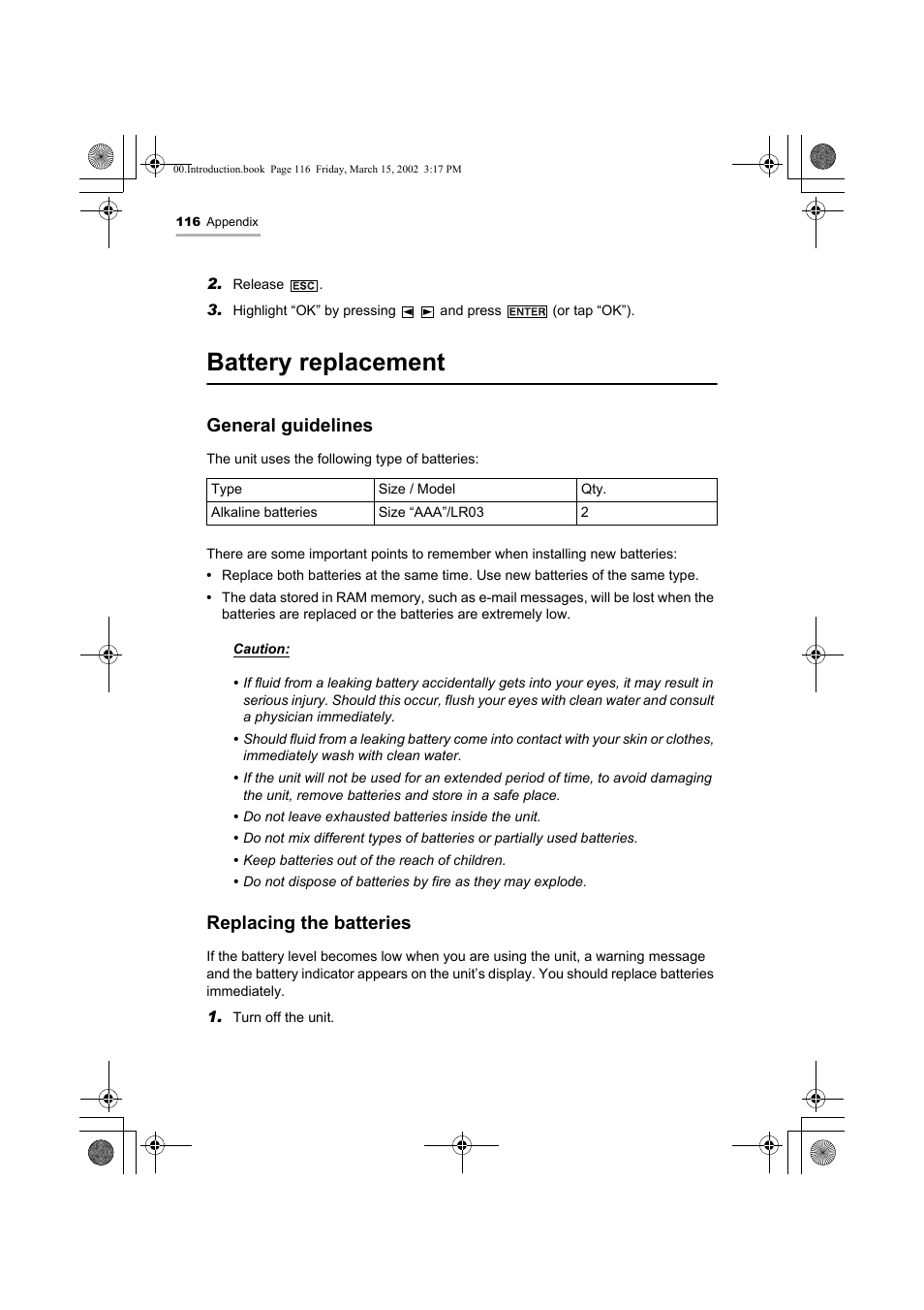 Battery replacement, General guidelines, Replacing the batteries | Sharp OZ-800 User Manual | Page 118 / 132