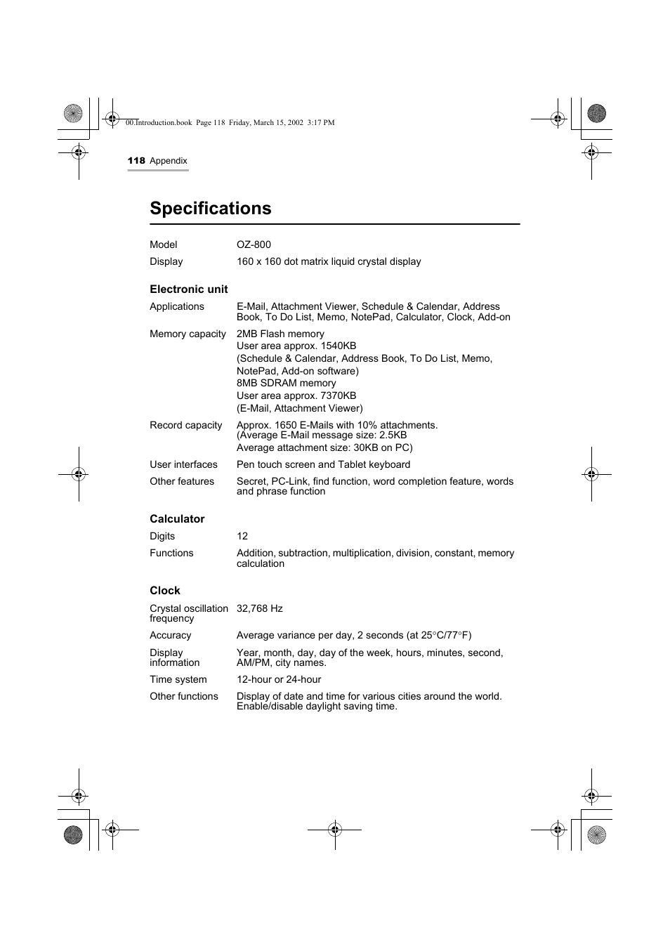 Specifications | Sharp OZ-800 User Manual | Page 120 / 132