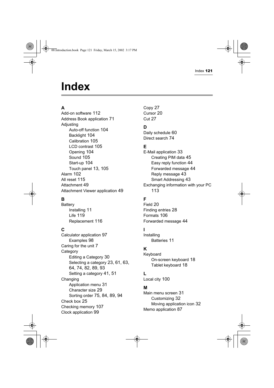 Index | Sharp OZ-800 User Manual | Page 123 / 132