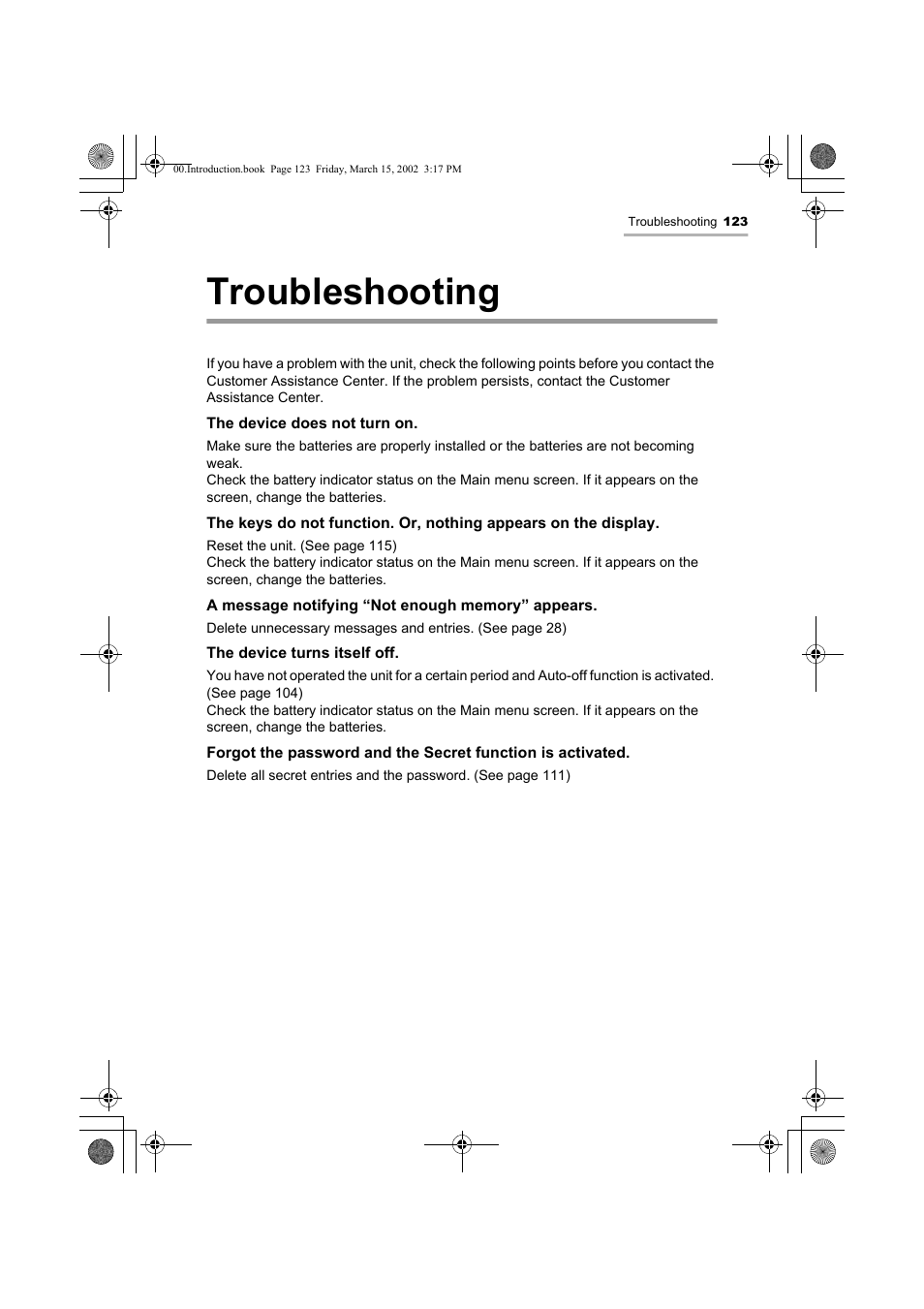 Troubleshooting | Sharp OZ-800 User Manual | Page 125 / 132