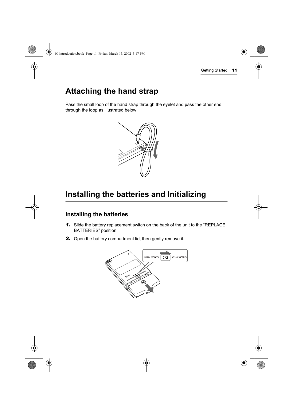 Attaching the hand strap, Installing the batteries and initializing | Sharp OZ-800 User Manual | Page 13 / 132